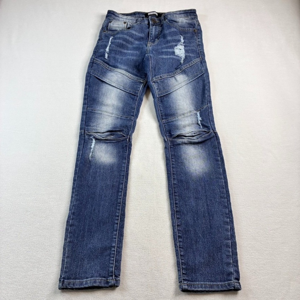 WT02 Mens Moto Jeans Size 28x30 Blue Denim Medium Wash Distressed Skinny Stretch